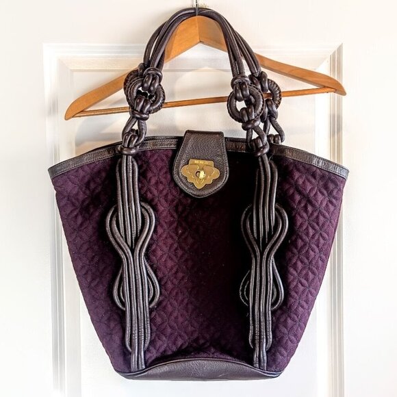 Shanghai Tang Purple Quilted Double Handle Leather Tote Bag - Picture 1 of 7